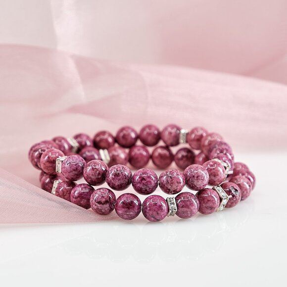 Pink Jasper Dainty Beaded Stretch Bracelet Set of 2 - Picture 9 of 11